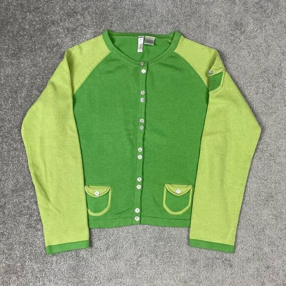 Vintage Twiggy Women’s XL Green Yellow Long Sleeve Button Down Cardigan Sweater - Picture 2 of 4